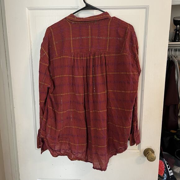 Free People XS Plaid Button Down Shirt Western Boho Grunge Top Gauzy Cotton - Picture 4 of 10